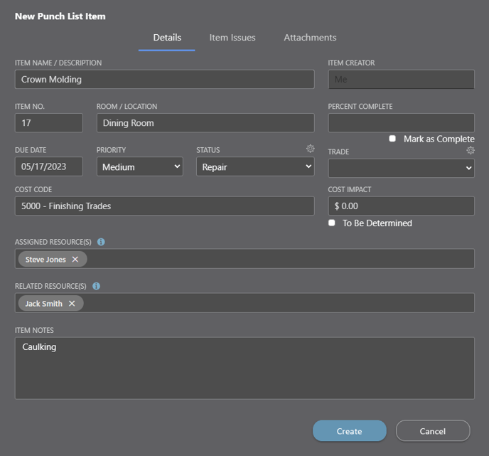 Add New Punch List Items