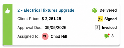 ConstructionOnline's Change Order card payment and delivery status indicators in card view