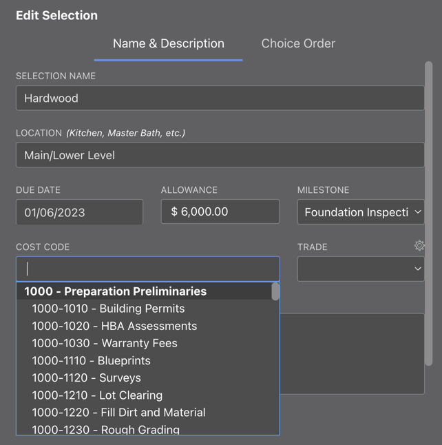 Cost Code dropdown menu after entering a single space