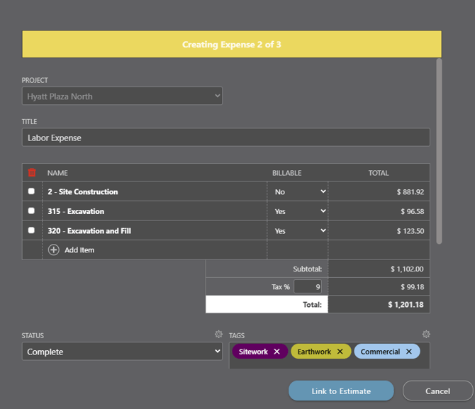 Create New Expense from Time Shifts - Link to Estimate