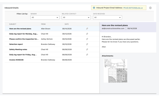 Inbound Emails | Project Inbox | ConstructionOnline