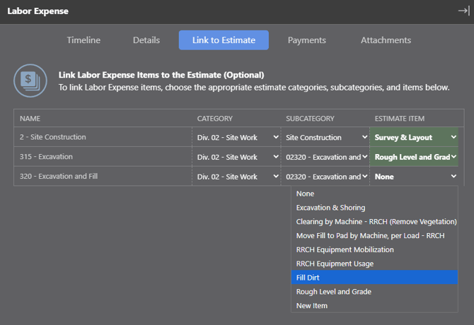 Link to Estimate - Edit Labor Expense