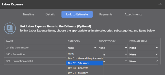 Link to Estimate - Labor Expense Line Items