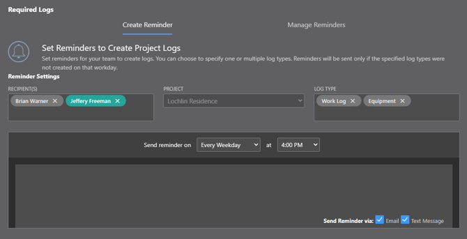 Construction Daily Log Reminders | Construction Text Notifications | Construction App | Construction Project Tracking Software