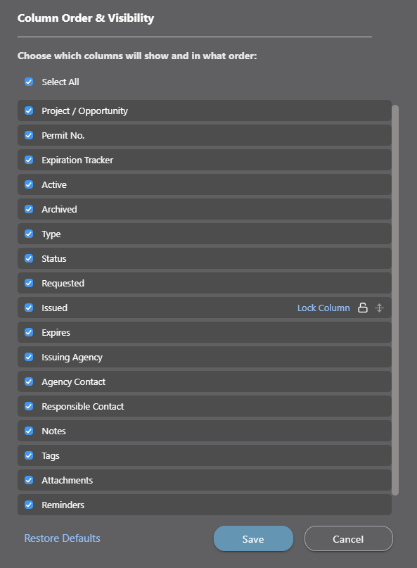 Permit Column Order and Visibility