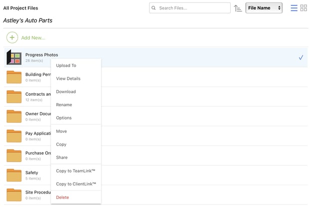 ConstructionOnline's right-click options in Files