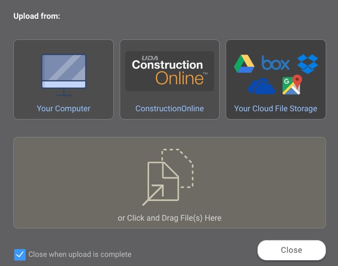ConstructionOnline's cloud file upload options