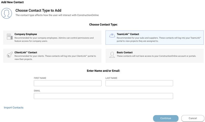 ConstructionOnline's Add New Contact window