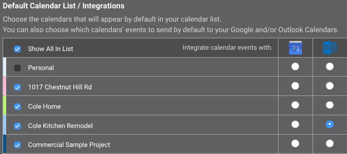 ConstructionOnline's Default Calendar List and Integrations