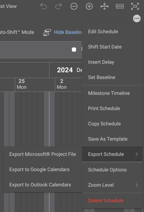 ConstructionOnline's export construction schedule options