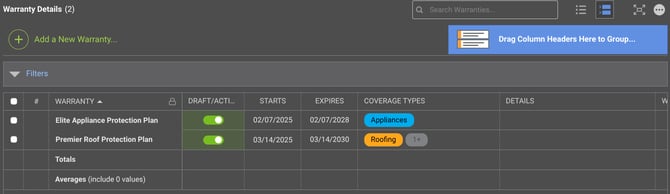 ConstructionOnline's Warranty Details table