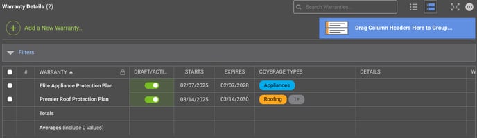 ConstructionOnline's Warranty Details table
