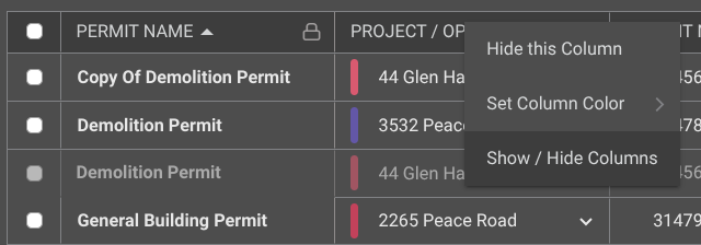 Select Show/Hide Columns to rearrange the view of the Projects Permits List