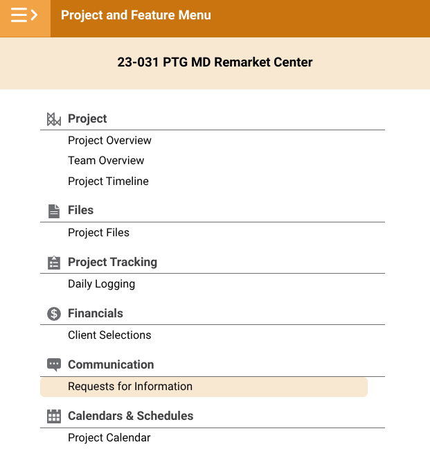 The expanded Project and Feature Menu Bar in ConstructionOnline's ClientLink Portal