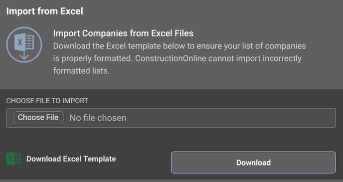 ConstructionOnline's Import Companies from Excel window