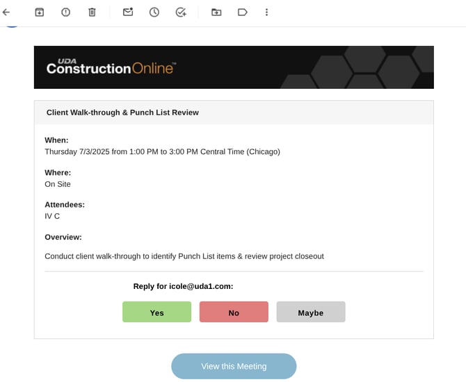 ConstructionOnline Meeting Invitation Email for scheduled construction meetings