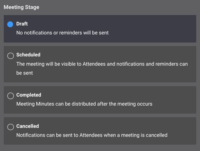 Available Meeting Stages for construction meetings in ConstructionOnline - Draft, Scheduled, Completed, and Cancelled
