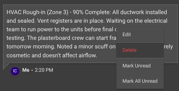 ConstructionOnline Comment and option to delete the comment