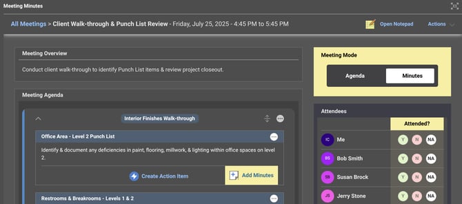 Minutes Mode for Construction Meeting Minutes in UDA ConstructionOnline | Construction Project Management Software
