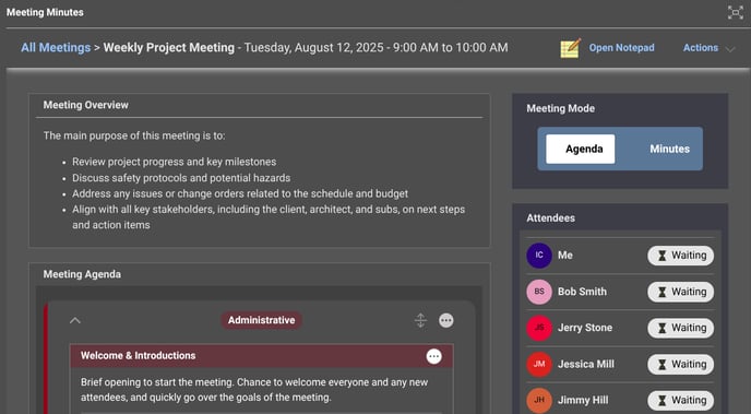 Access Meeting Agenda Report in ConstructionOnline's Meeting Minutes software
