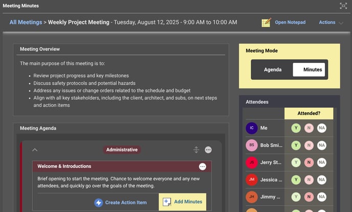 View Construction Meeting Minutes in ConstructionOnline's construction project management software