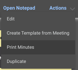 Select the option to Print Minutes from the ConstructionOnline Action Menu within construction Meeting Minutes software