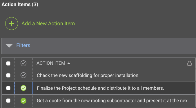 Complete Action Items for Construction Meetings in ConstructionOnline's Meeting Minutes software