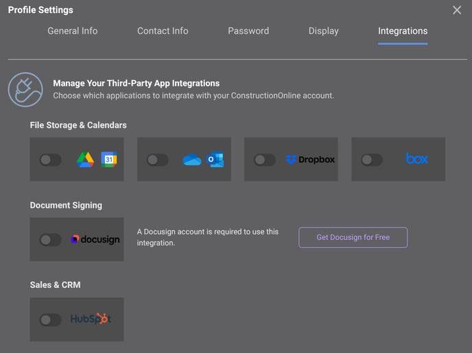 ConstructionOnline's integration options