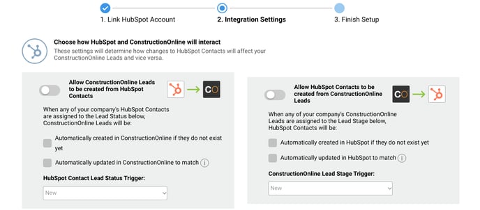 ConstructionOnline's integration options with HubSpot