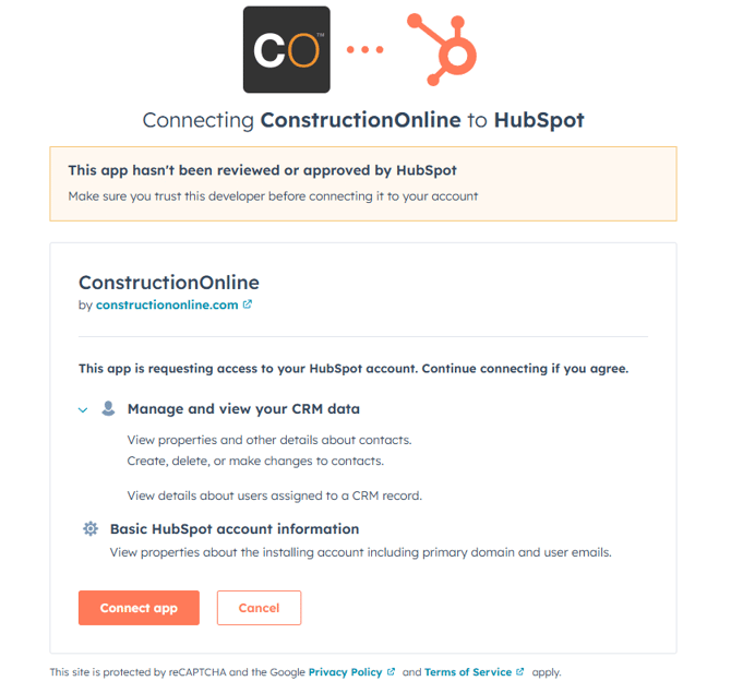 ConstructionOnline's HubSpot integration authorization screen