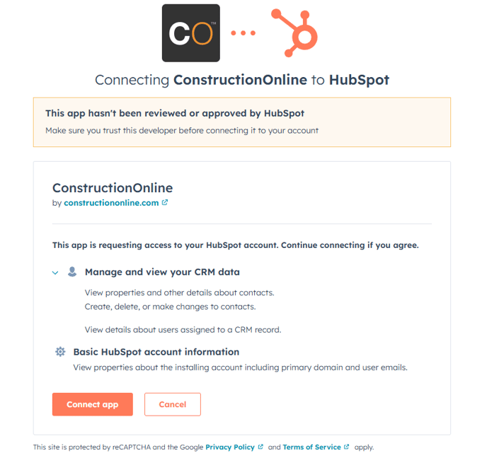 ConstructionOnline's HubSpot integration authorization screen