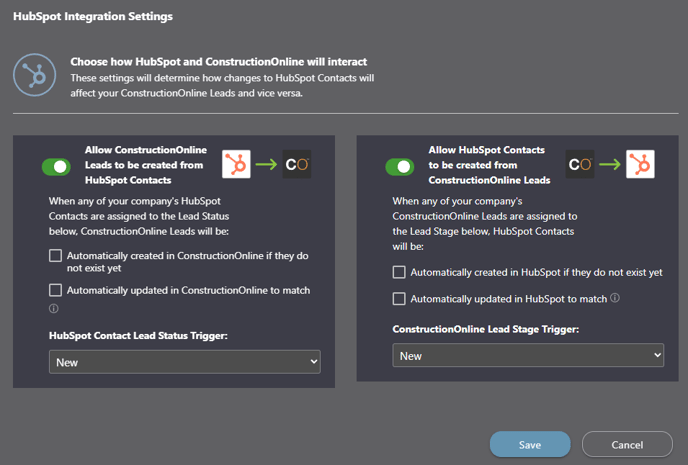 ConstructionOnline's HubSpot Integration Settings window