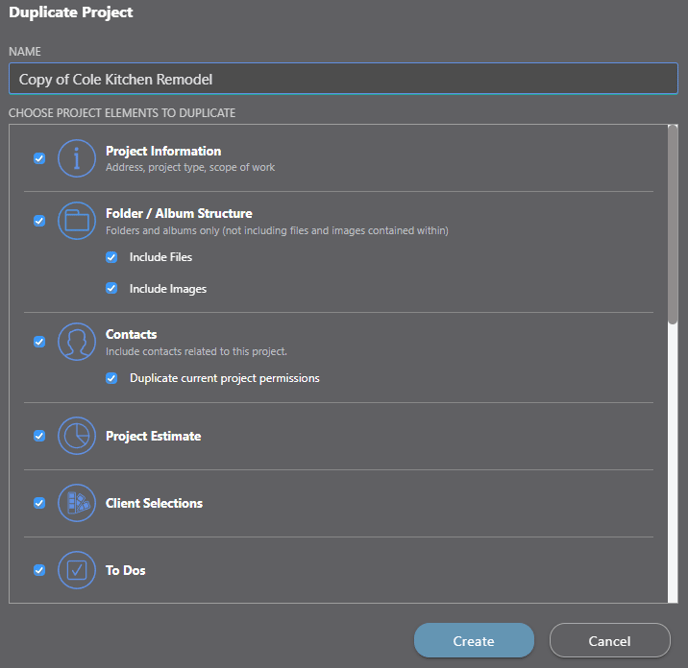 ConstructionOnline's Duplicate Project window