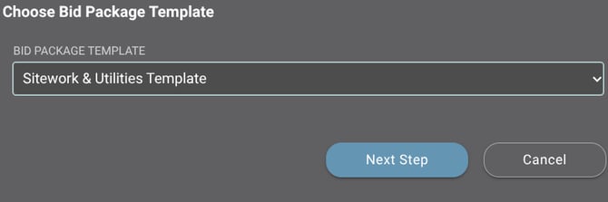Bid Package Template dropdown menu in ConstructionOnline