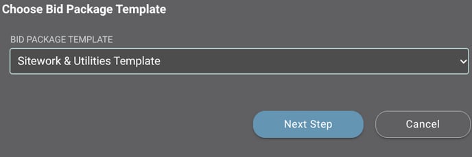 Bid Package Template dropdown menu in ConstructionOnline