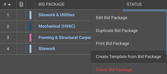 Create Template from Bid Package option in ConstructionOnline