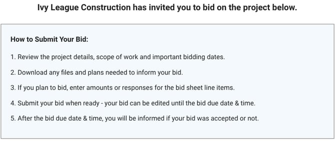ConstructionOnline's standardized Bid Package instructions