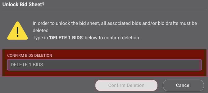 ConstructionOnline Bid deletion prompt to unlock Bid Sheet line items