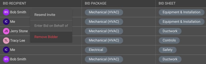 Removing a Bidder from a particular Bid Sheet within a specific Bid Package in ConstructionOnline