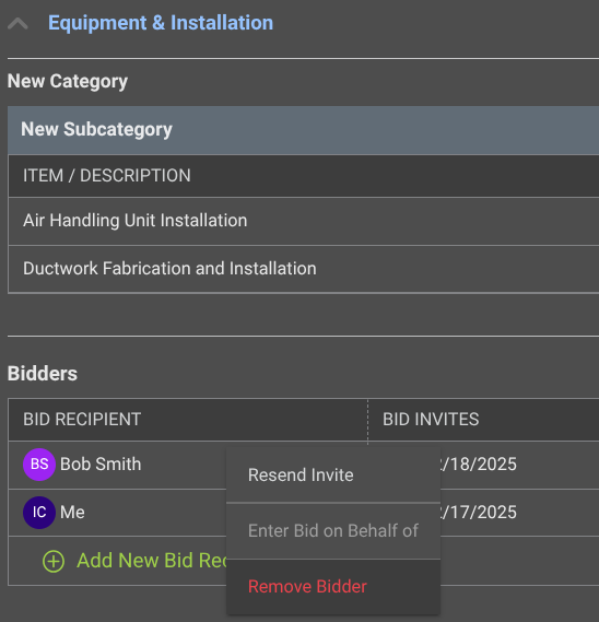 Removing a Bidder from a specific Bid Sheet within ConstructionOnline