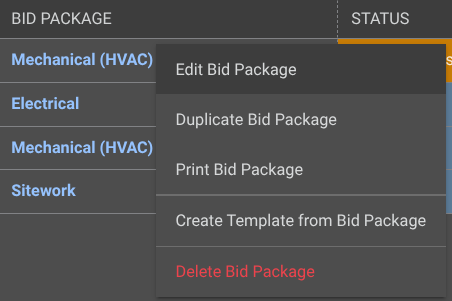 ConstructionOnline's option to edit a Bid Package