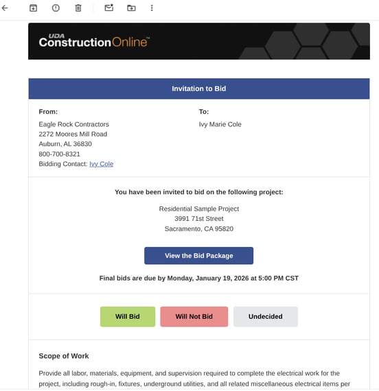 ConstructionOnline's Invitation to Bid email