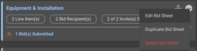 ConstructionOnline's Bid Sheet options from the Action Menu