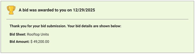 ConstructionOnline's message about a bid being awarded to a Bidder