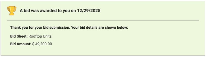 ConstructionOnline's message about a bid being awarded to a Bidder