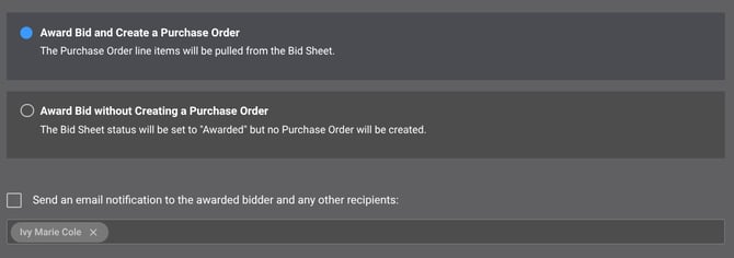 ConstructionOnline's option to award bid and create a PO