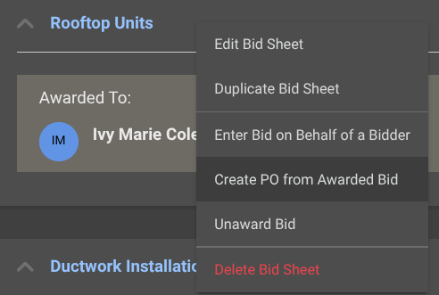 ConstructionOnline's option to create a PO from an awarded bid
