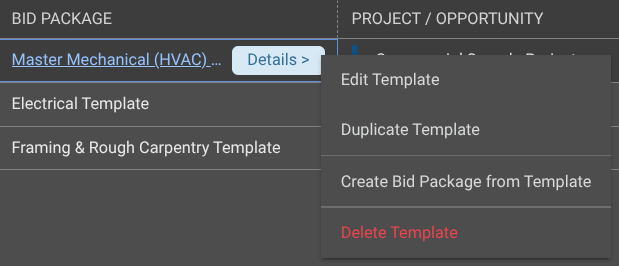 ConstructionOnline's "Edit Template" option in Bid Tracking