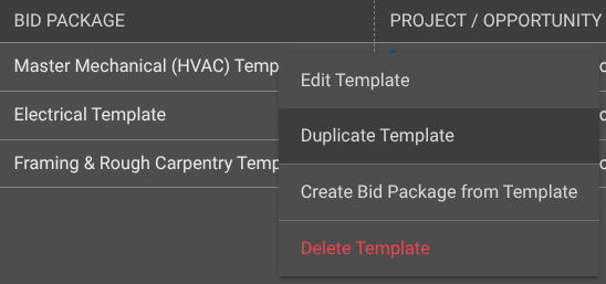 ConstructionOnline's Duplicate Template option in Bid Tracking