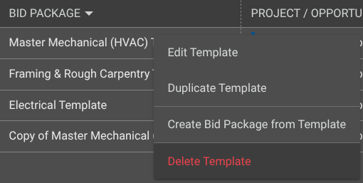ConstructionOnline's Delete Template option in Bid Tracking